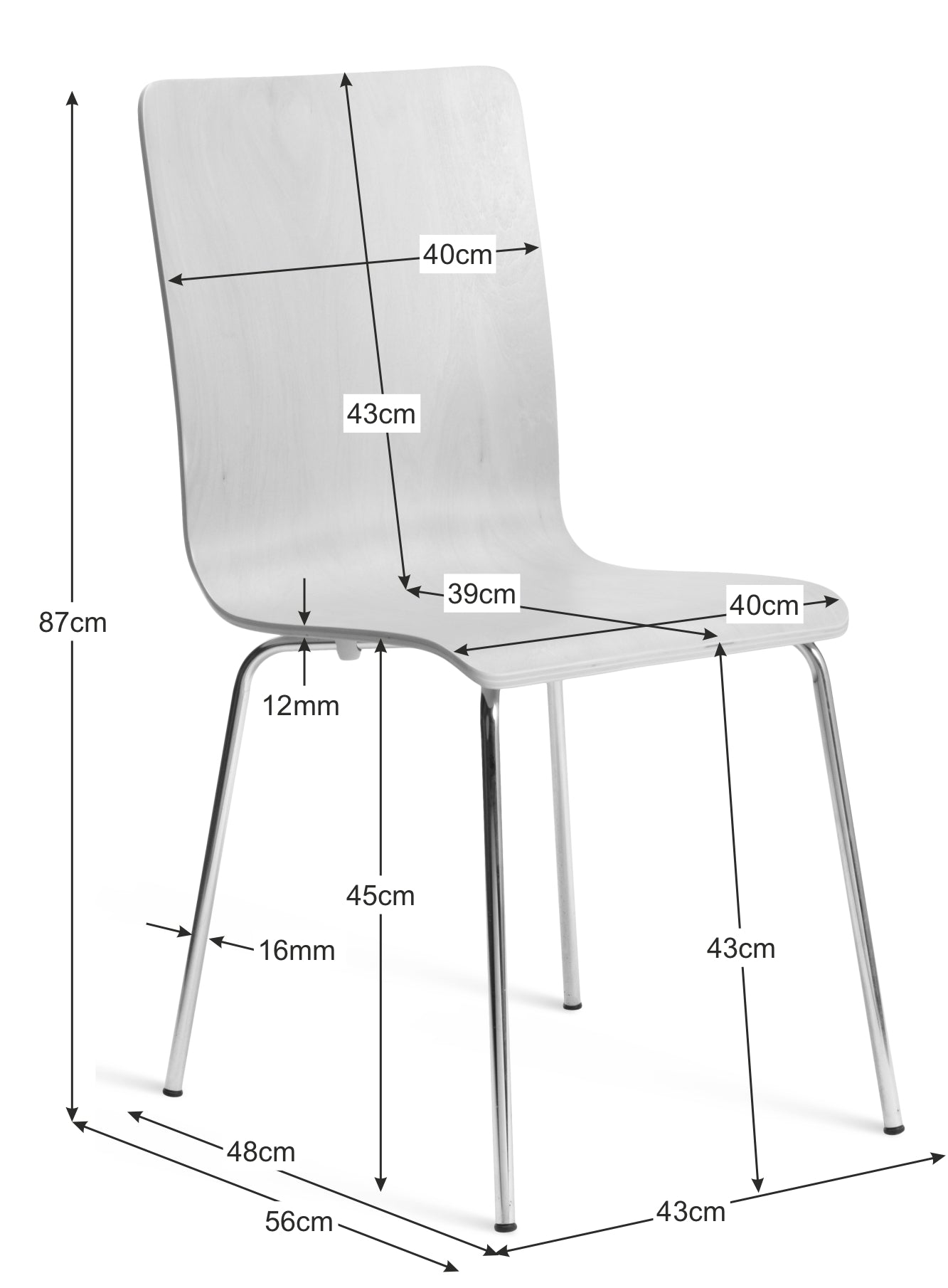 Madison White & Chrome Dining Chairs Dimensions