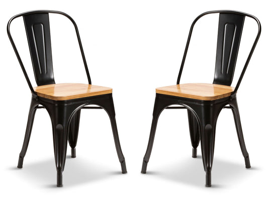 2 Matt Black With Oak Seat Metal Industrial Tolix Style Dining Chairs 1/2 Price Deal