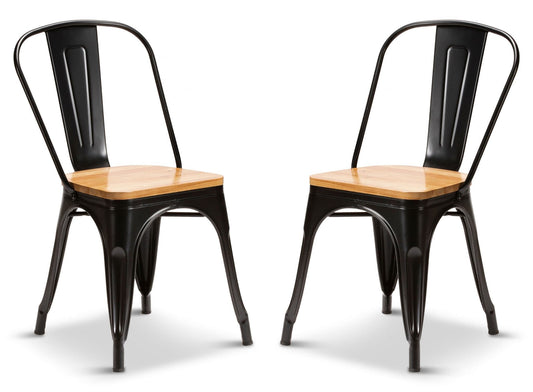 2 Matt Black With Oak Seat Metal Industrial Tolix Style Dining Chairs 1/2 Price Deal