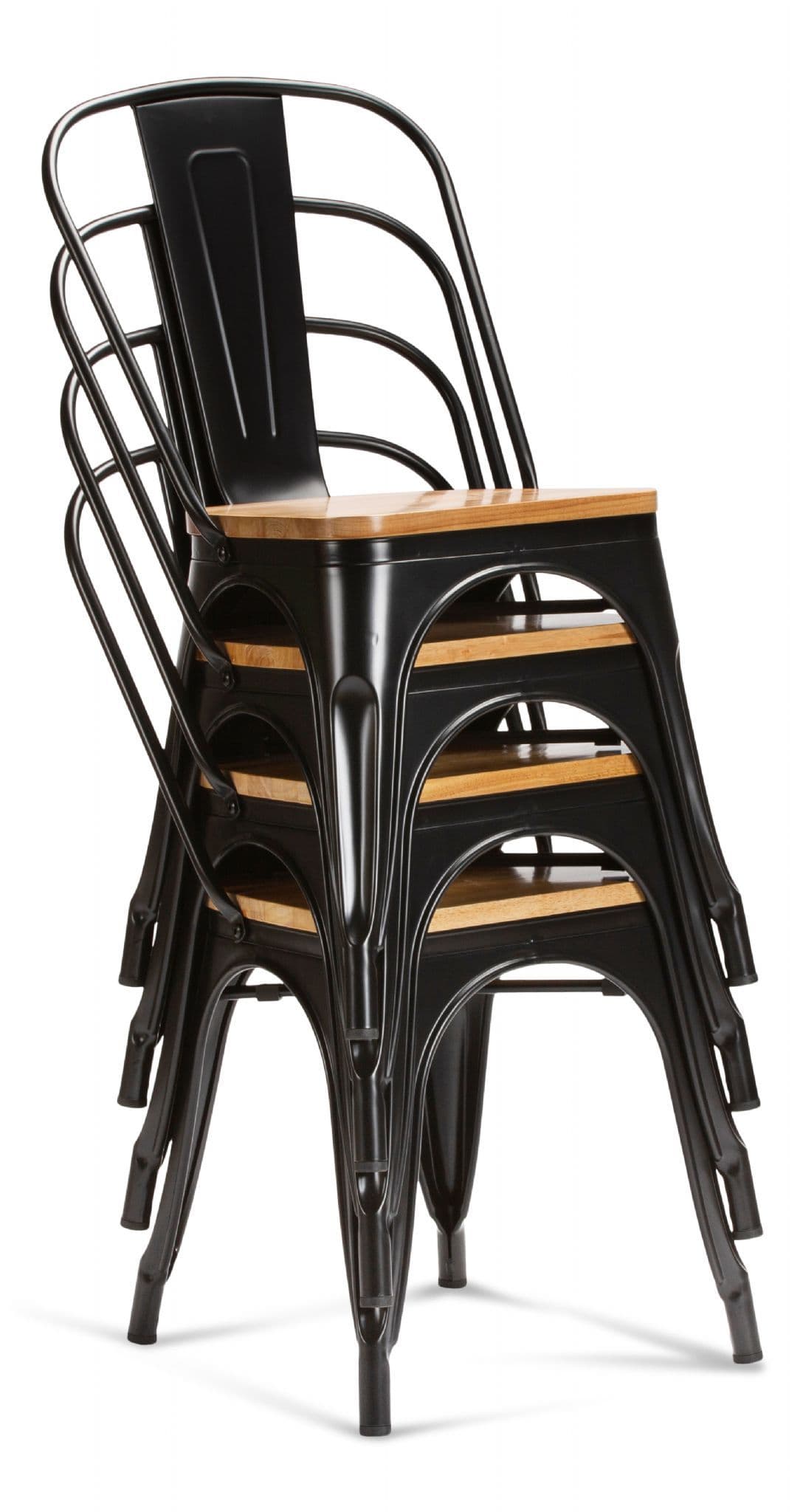 2 Matt Black With Oak Seat Metal Industrial Tolix Style Dining Chairs 1/2 Price Deal