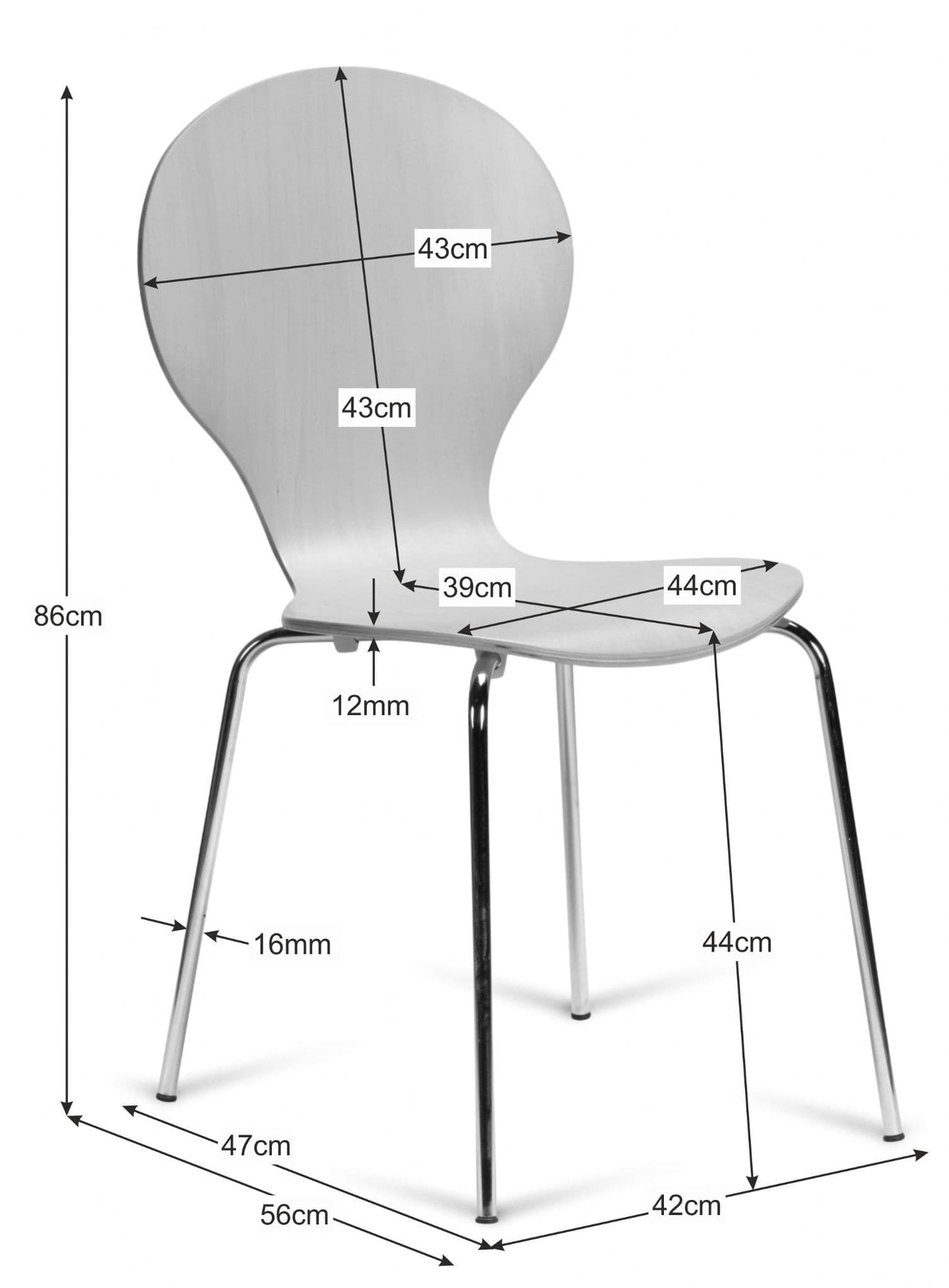 Kimberley Dining Set White Table & 4 Black Chairs - Chair Dimensions