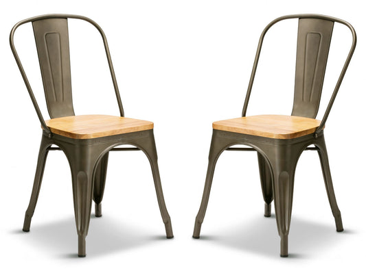 2 Gun Metal With Oak Seat Industrial Tolix Style Dining Chairs