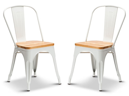 2 Matt White With Oak Seat Metal Industrial Tolix Style Dining Chairs