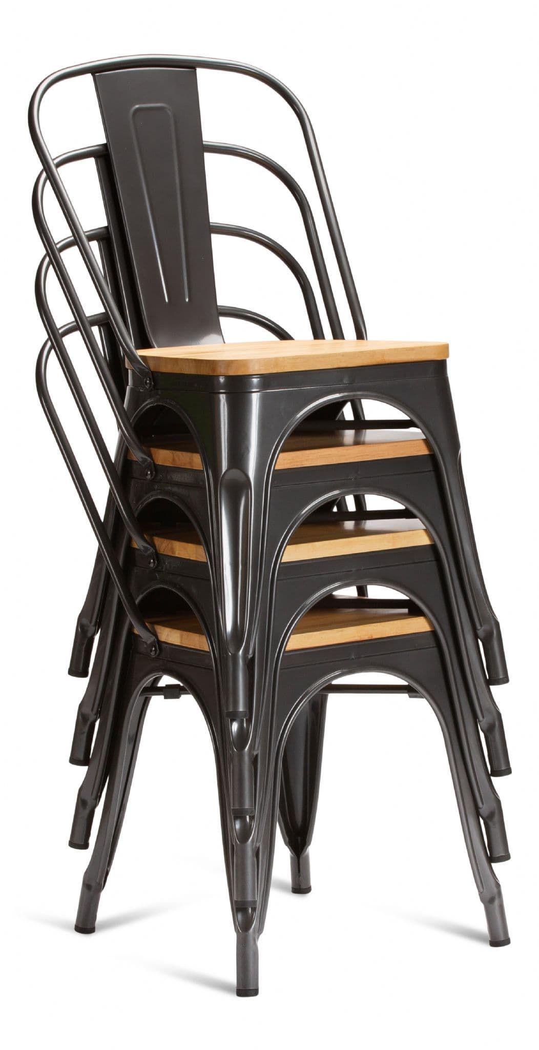 Graphite Grey With Oak Seat Metal Industrial Tolix Style Dining Chairs Stacked