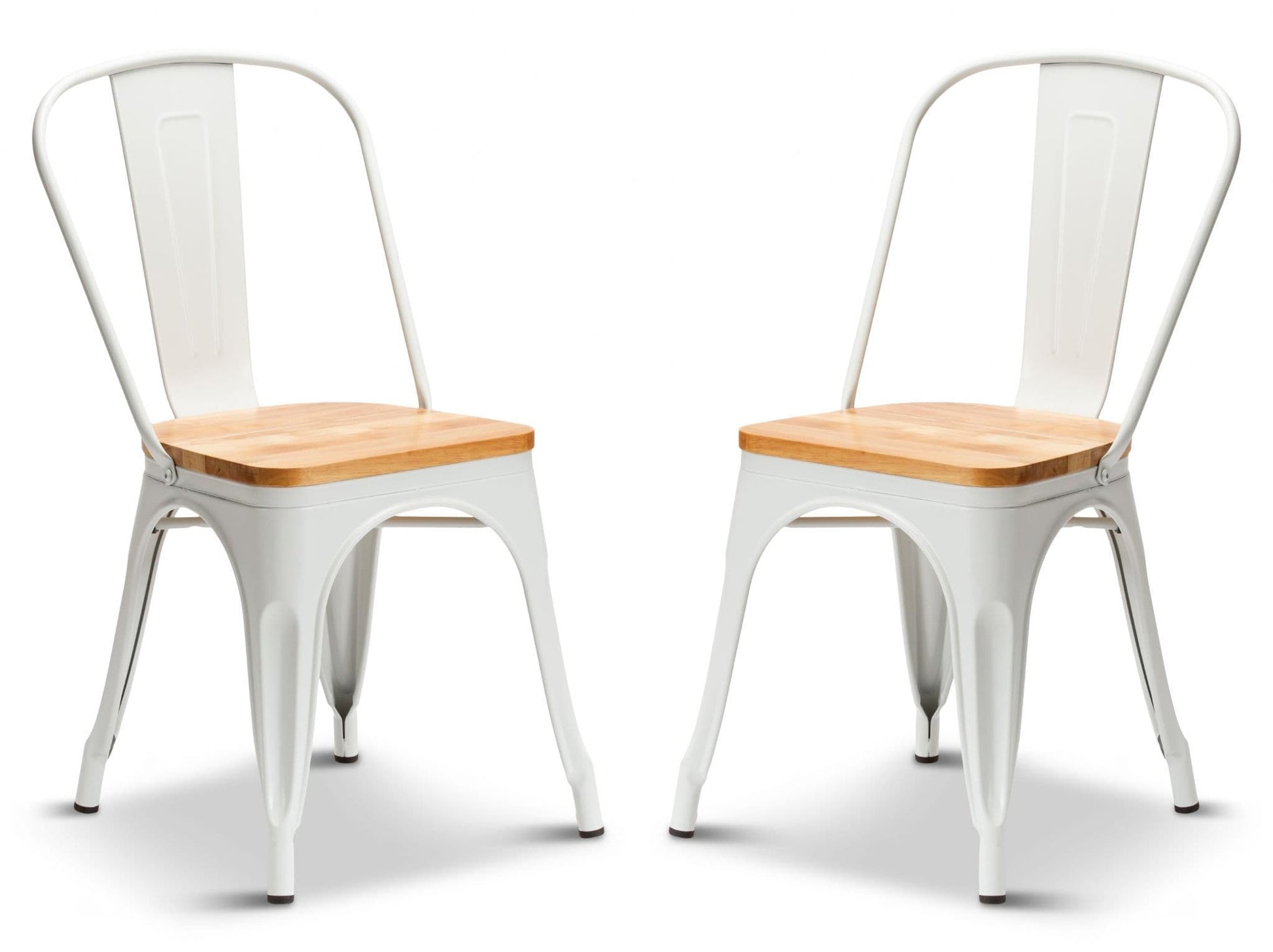 2 Matt White With Oak Seat Metal Industrial Tolix Style Dining Chairs